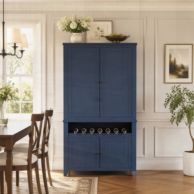 Armoire de cuisine autoportante de style campagnard avec 4 portes de style Shaker, 6 étagères, 2 tiroirs, un casier à vin et des étagères réglables pour un rangement organisé.