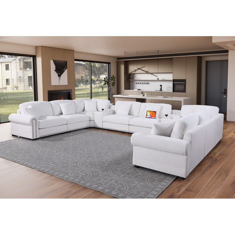 Errett Upholstered 13-piece Cloud Extra Large Corner Couch with Two Consoles, Cup Holder&Storage&USB, White Polyester