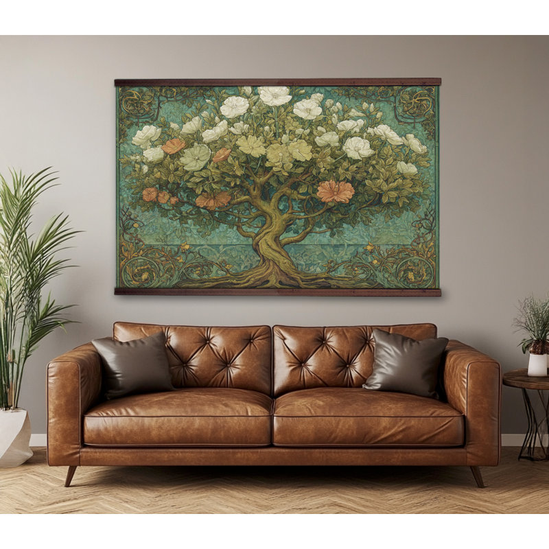 Tapisserie murale rétro «Tree of Life» avec fleurs en fleurs - prête à être suspendue, inspirée de William Morris