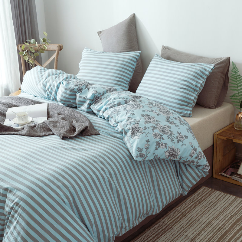 Green Floral and Stripe 3-Piece Cotton Queen Duvet Cover Set