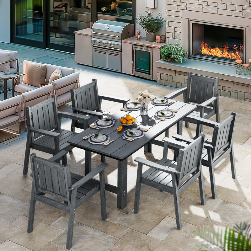 Davonia 7-Piece HDPE Plastic Patio Outdoor Dining Set with Arm Chairs, Grey