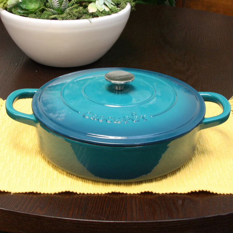 Crock-pot Artisan 5 qt. Non-Stick Cast Iron Round Braiser with Lid, Teal Ombre
