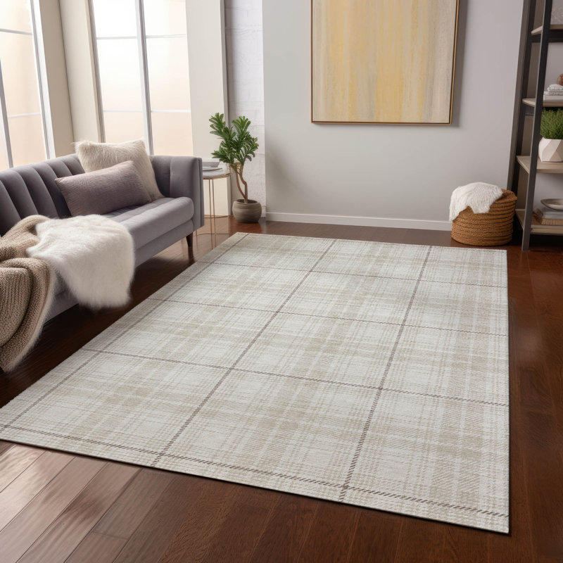 Ivory Plaid Synthetic Flat Woven 3' x 5' Rug