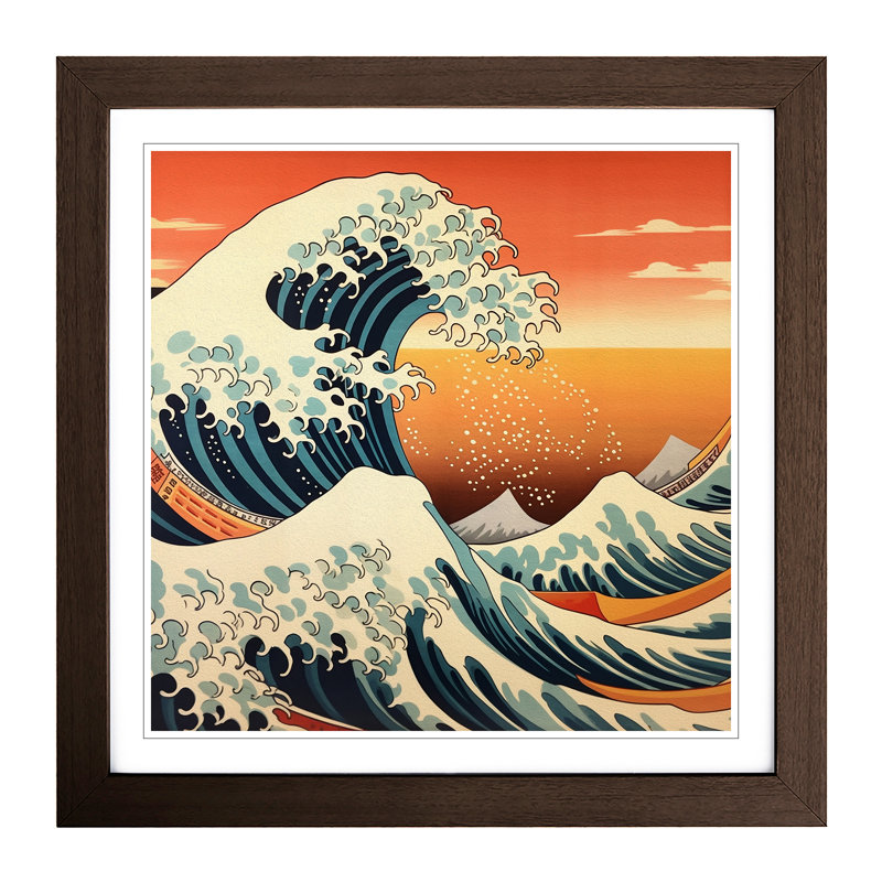 Japanese Wave Mid-Century - Single Picture Frame Print on Wood, Walnut