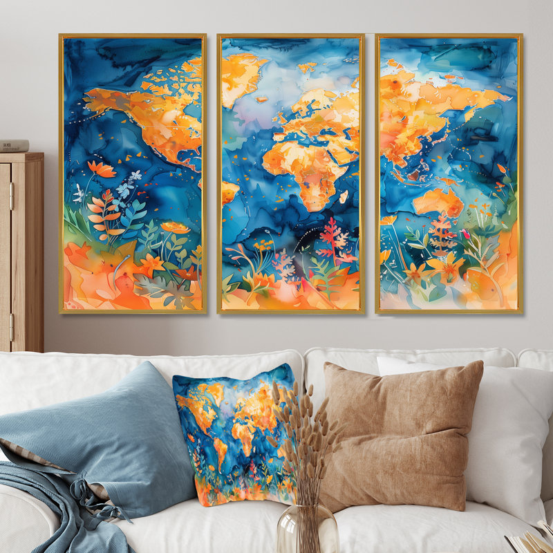 Carte du monde orange et bleu - ensemble de décoration murale carte du monde, Toile avec cadre flottant or