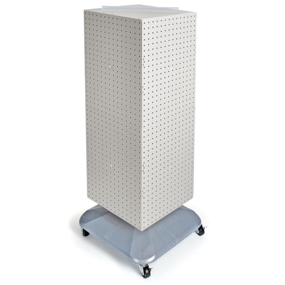 Four-Sided Pegboard Tower Floor Display on Revolving Wheeled Base. Spinner Rack Stand. Panel 