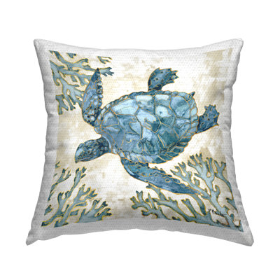 Blue Swimming Sea Turtle Coral Outline Outdoor Printed Pillow by Paul Brent