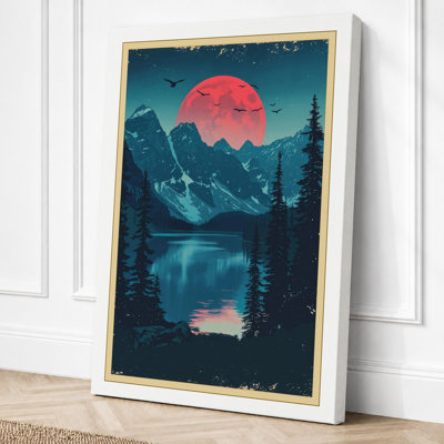 Pink Moon Over Mountains Retro - Wrapped Canvas