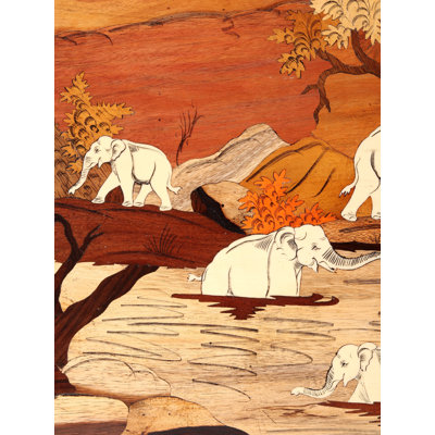 Elephants in Forest Wood Panel with Inlay Work - Handcrafted Traditional Indian Mysore Rosewood Wildlife Nature Wall Art Home Decor