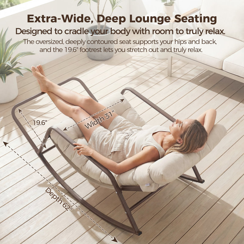 Ensemble de 2 chaises berçantes d'extérieur surdimensionnées avec repose-pieds, chaises berçantes en métal avec coussins épais