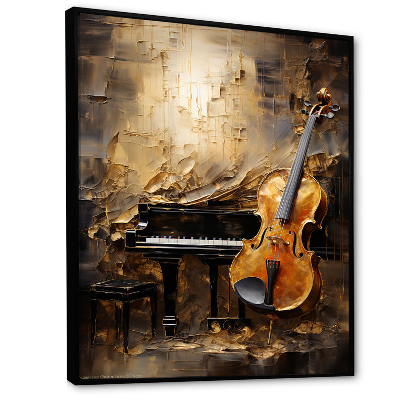 Rétro harmonie violon et piano - musique, art mural, Cadre flottant noir, H 20 po x l 12 po x P 1 po