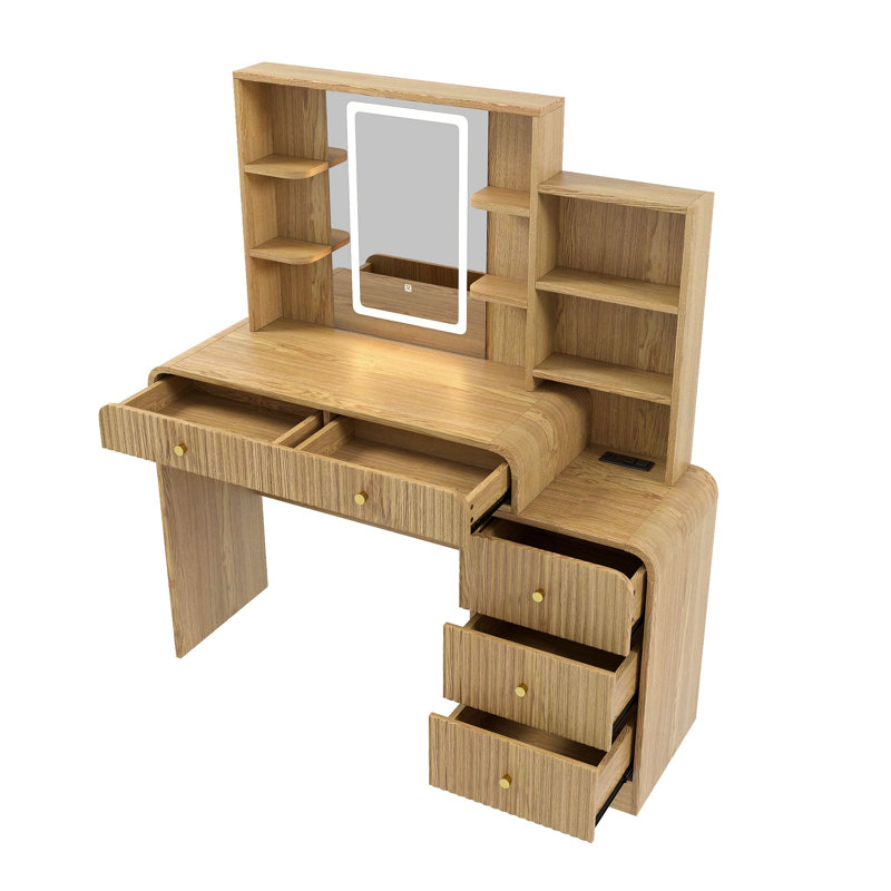 47.4" Vanity Desk with Lighted Mirror, Fluted Makeup Table with 5 Drawers & Open Shelves, Charging Station Included, Natural Finish