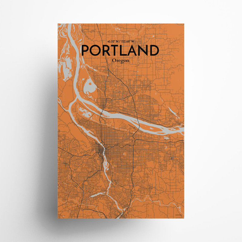 Portland City Map In Orange - No Frame Print, 17cm H x 11cm W x 0.05cm D