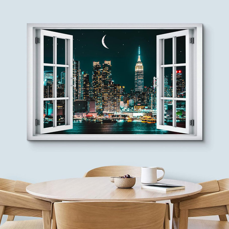 Window Scenery " Window View Futuristic Night New York City Skyscraper Nature Pictures Urban Landscape ", 24" H x 36" W