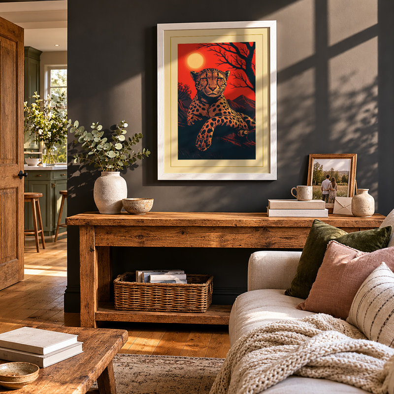 Leopard at Sunset Boho - Framed Print, A1 - 84.1 x 59.4 cm, White
