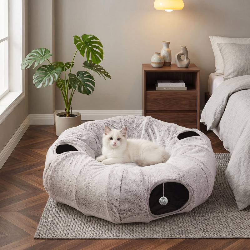 Lit rond rond en forme de beignet avec coussin circulaire lavable, gris, pour chats d'intérieur, chatons, chiots, lapins