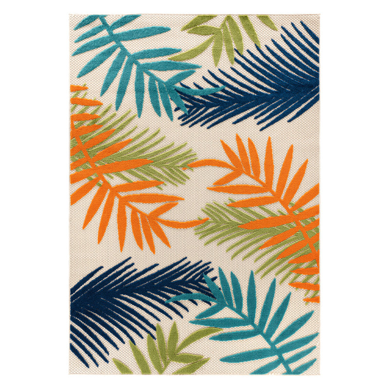 Tapis intérieur / extérieur Parksley Palm Frond - ivoire / orange / bleu marine, Rectangle 7 pi 10 po x 10 pi