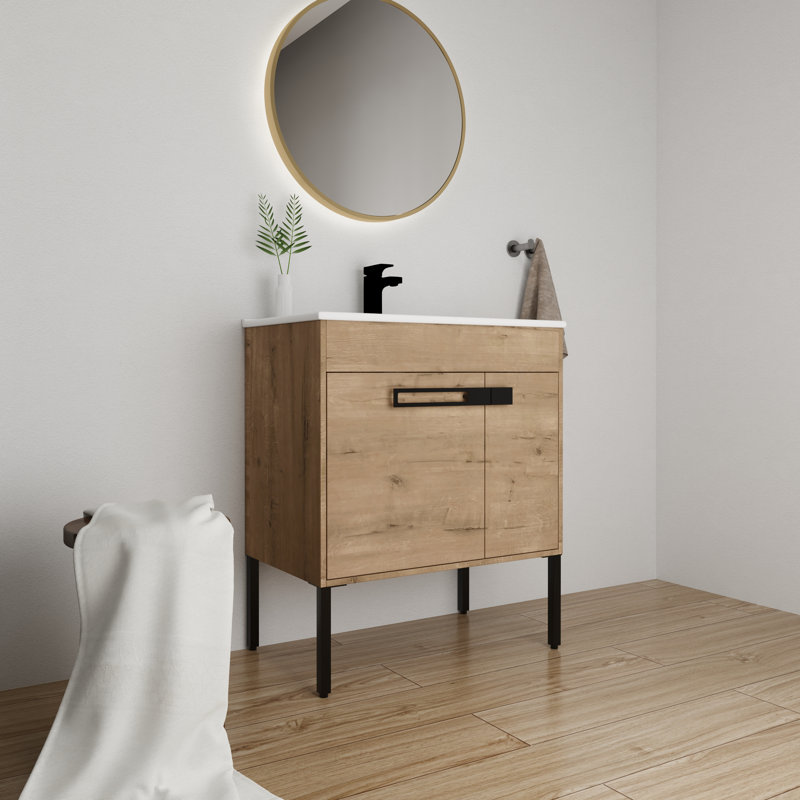 30 Inch Free-Standing Single Bathroom Vanity With Ceramic Vanity Top, Brun clair