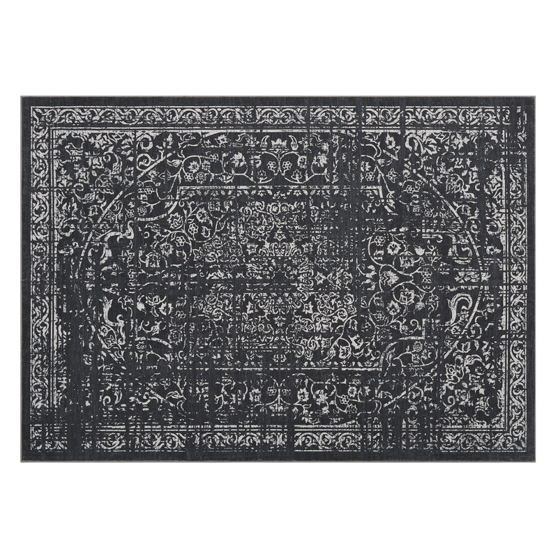 5x7 Washable Area Rug Vintage Distressed Floor Cover Living Room Foldable Thin Rug Indoor Traditional Non Slip Carpet Floral Print Mat for Bedroom Dining Room, Black