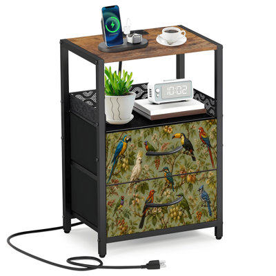 Table de chevet 2 tiroirs en tissu avec station de charge