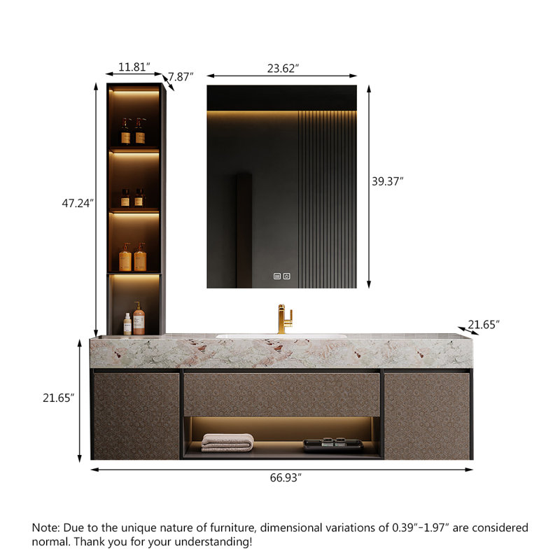 Meuble-lavabo mural de 66,93 po en pierre frittée avec miroir intelligent et armoire d'appoint, L 67 po