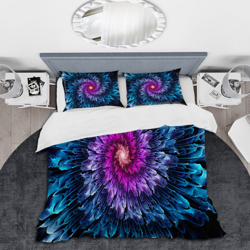 Mauve et bleu fleur fractale - ensemble de housse de couette moderne - microfibre de polyester
