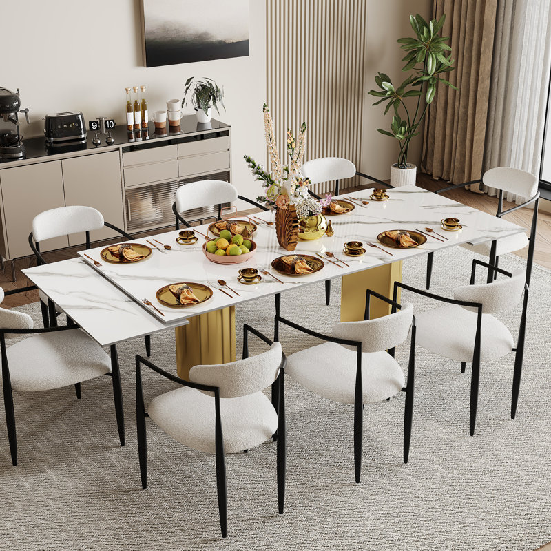 Ensemble de table de salle à manger 9 pièces avec table de salle à manger extensible en fritté de 94,5 po avec 8 chaises en tissu