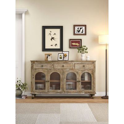 Buffet Farmhouse, crédence en bois vieilli avec 3 tiroirs et 4 portes en verre, armoire de rangement rustique avec tablettes pour la cuisine, la salle à manger et le salon