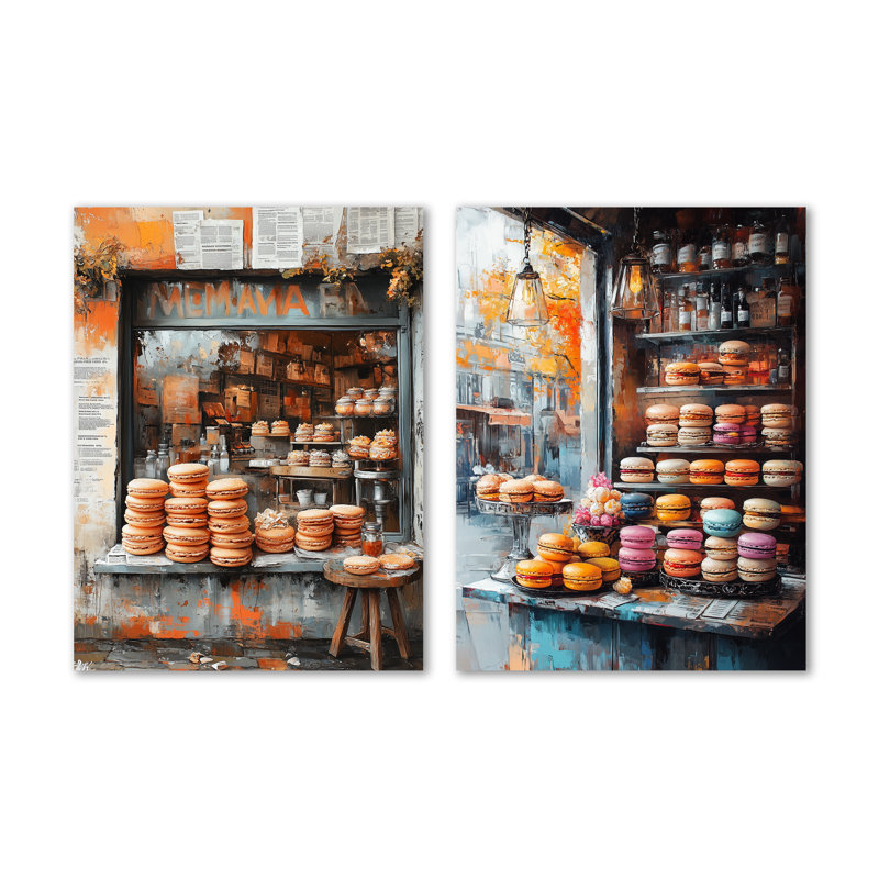 Orange et gris, desserts Macaroon Bar I - Dessert, ensemble de 2 reproductions d'art mural en métal, 32" H x 48" W