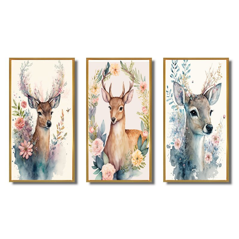 «Cute Little Deer With Pink Flowers», 3 pièces sur toile, Or, H 32 po x l 48 po