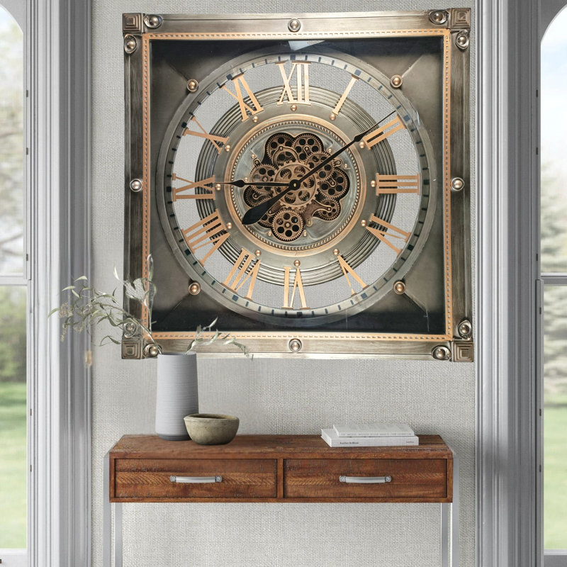 THE GEARS CLOCK Wall Clock with Real Moving Gears LU-LI_ 32 in Square BRONZE-ANTIQUE