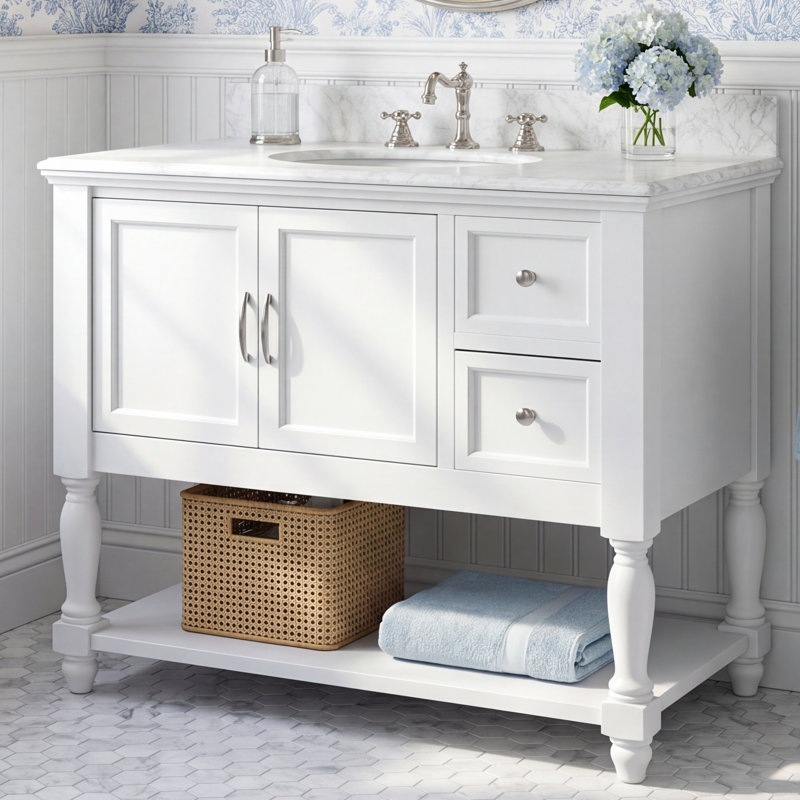 Hampton 36'' Single Bathroom Vanity with Top, White, Carrara Marble