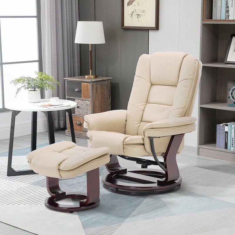 32" Contemporary Leather Recliner and Ottoman with Swiveling Mahogany Wood Base, Cream