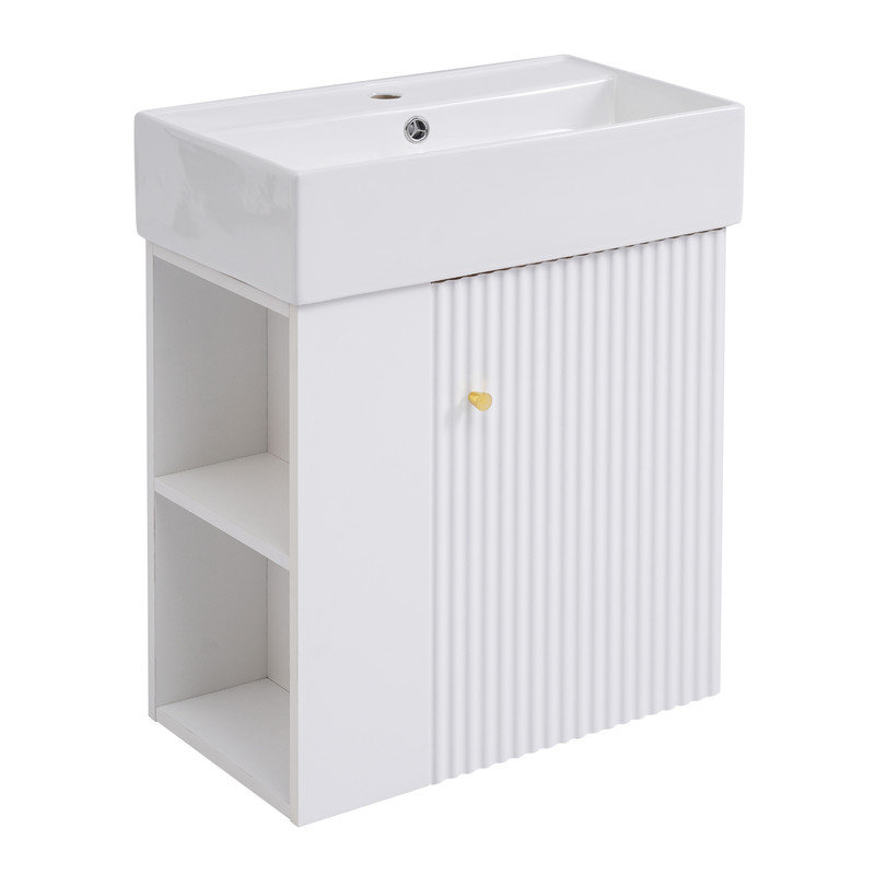 Meuble-lavabo flottant 21,6 po avec lavabo en céramique, rangement à gauche, petites salles de bain, Blanc