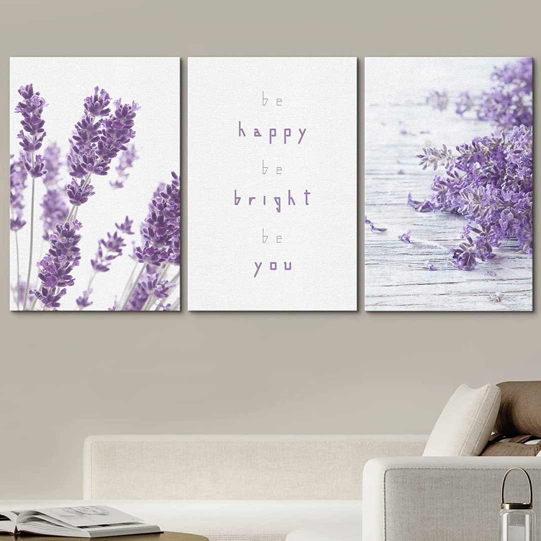 Flower Blossom Purple Lavender Flowers with Be Happy Be Bright Be You - 3 Piece Wrapped Canvas Graphic Art Print Set IDEA4WALL 