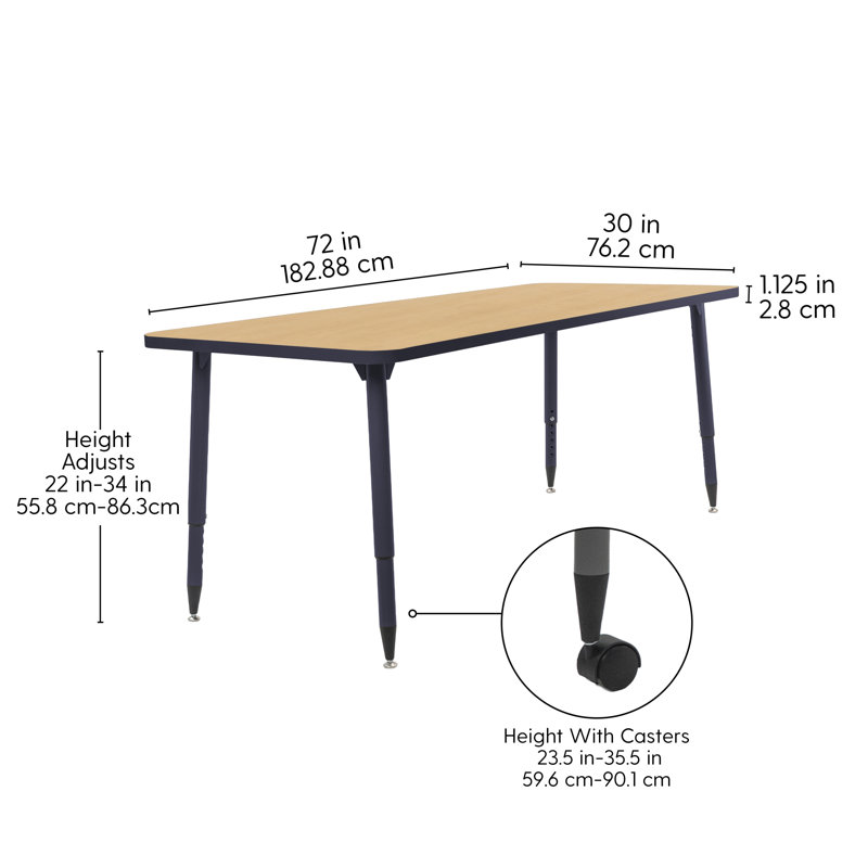 Table d'activité rectangulaire 24 x 48 avec pieds fuselés réglables Adapte, 30 po x 72 po, Bleu marine / érable