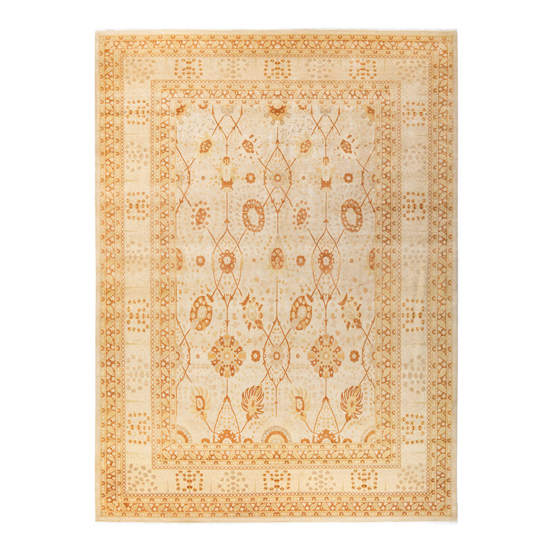 Tapis unique noué à la main ivoire de 9 pi 3 po x 12 pi 9 po Keenan