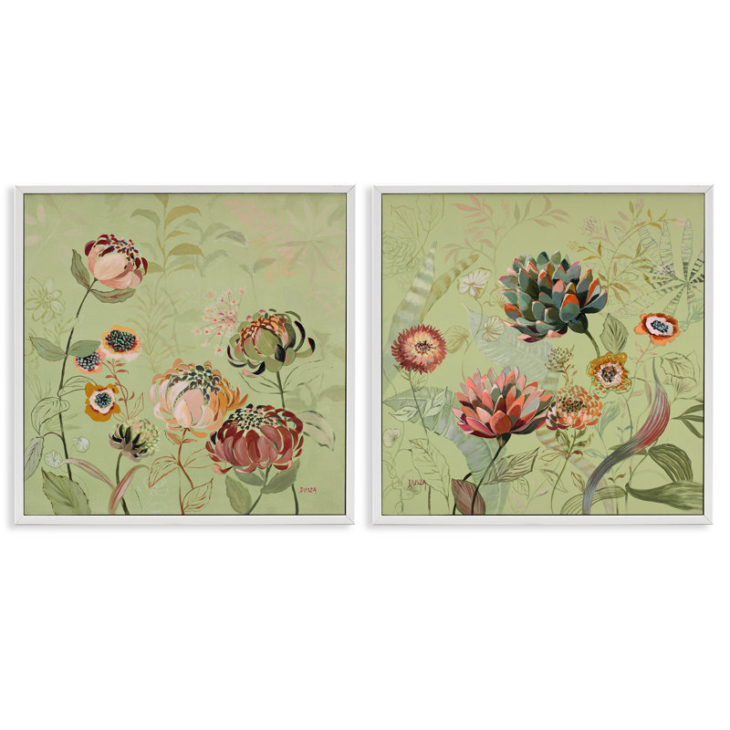 Ensemble de giclées encadrées 2 pièces Chrysanthemums on Olive Green, design par Dusza, H 17 po x l 17 po
