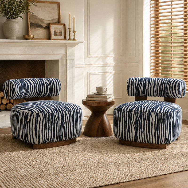 2-Pieces Zebra Strips Accent Chair With Cylindrical Back Chenille Upholstered Cozy Chair With Wood Frame Cute Chair For Living Room, Bedroom