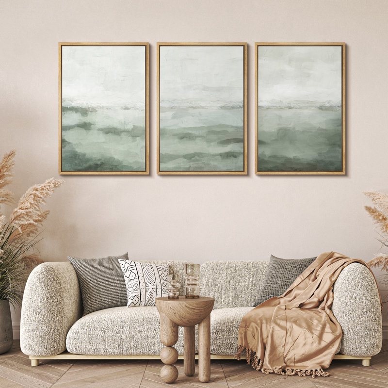 Sage Green Abstract Landscape Canvas Print Set with Natural Frame