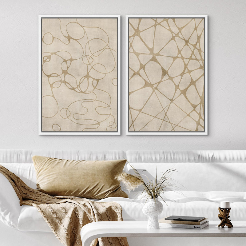 «Retro Mid-Century Polygons And Palm Leaves Abstract Shapes», 2 pièces sur toile, Cadre blanc, H 24 po x l 16 po