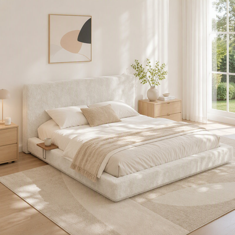 King Bed Frame With Adjustable Sliding Side Table Visual Floating Effect, 8.7'' Cloud Upholstered Sponge Cushion