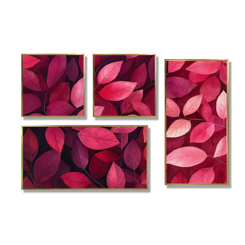 «Crimson Leaves Dancing Rose I», art mural floral grand, 4 pièces, Impression encadrée sans passe-partout, Doré