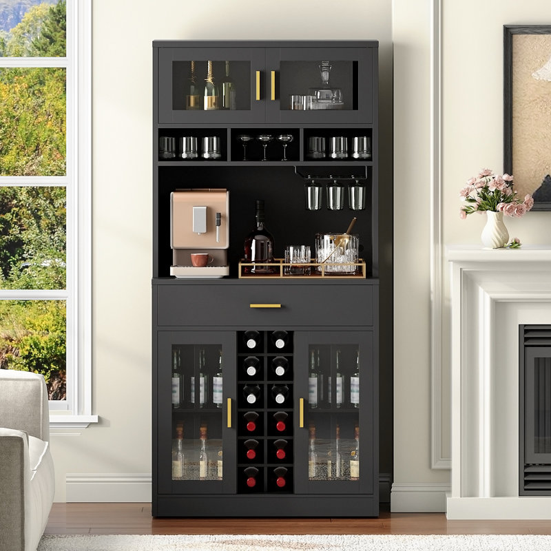 Multifunctional Bar Cabinet, Coffee Bar Cabinet With Led Light Strip, Microwave Cabinet With Glass Doors, Modern Kitchen Storage Organizer, For Living Room, Kitchen, And Dining Room
