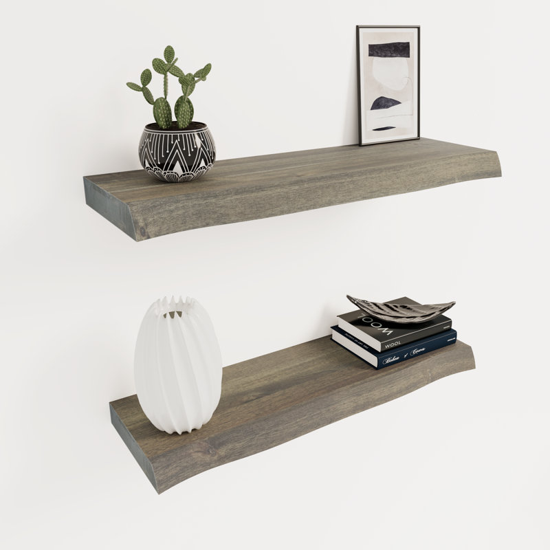 2 Pieces Acacia Solid Wood Live Edge Floating Shelves for Kitchen Wall Decor, Kitchen, Bathroom, Workspace, Teak look 24"x7.5"x1.5"