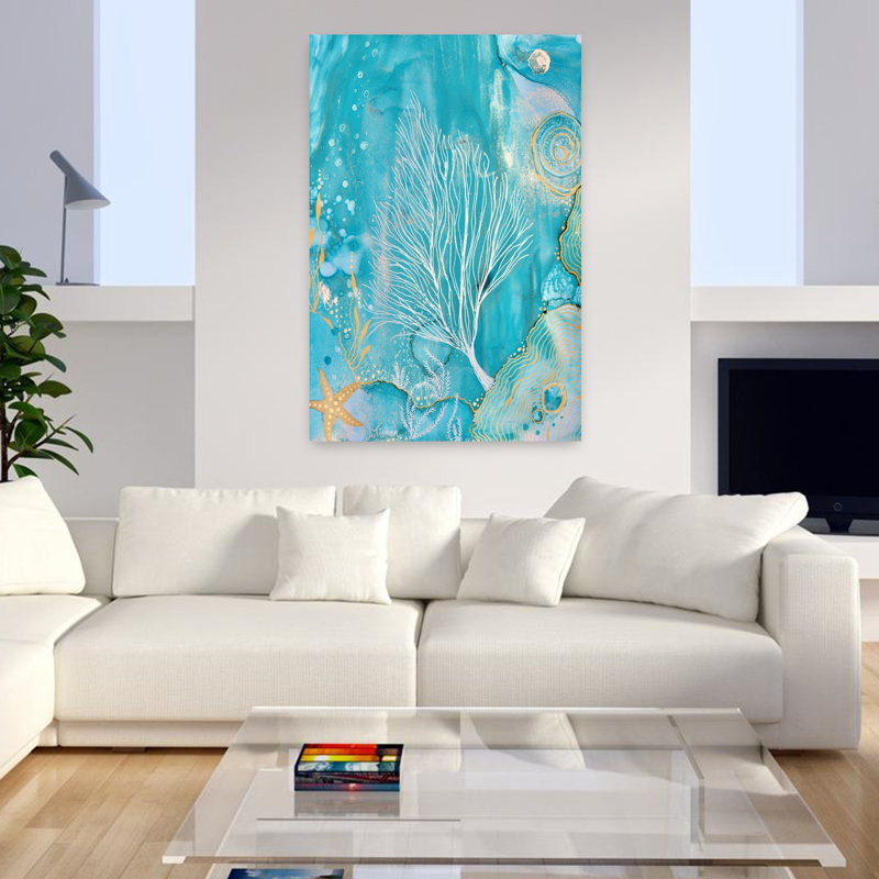 Océan, corail, sérénité abstraite, étoile de mer, paysage côtier, art mural, H 48 po x l 32 po