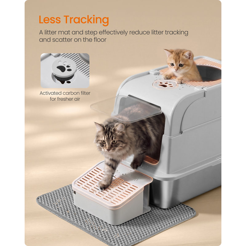 Enclosed Stainless Steel Cat Litter Box with Flip Lid, 28 L, 61 x 41 x 46 cm, Light Grey