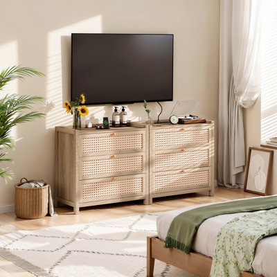Ensemble de 2 tables de chevet en rotin avec 3 tiroirs, table de chevet Boho moderne de 29,6 po avec station de charge, port USB, port de type C pour la chambre à coucher, le salon et le vestibule