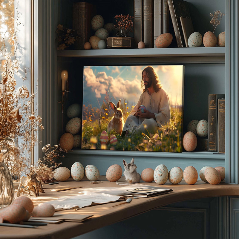 Art mural sur toile encadré P&L - Impression de Jésus et lapin de Pâques 12 po x 16 po, H 12 po x l 16 po