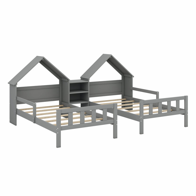Double Platform Bed With House-Shaped Headboard And A Built-In Nightstand, Grey